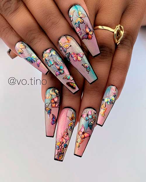 Gorgeous butterfly coffin shaped nails design! Gorgeous butterfly coffin shaped nails design!