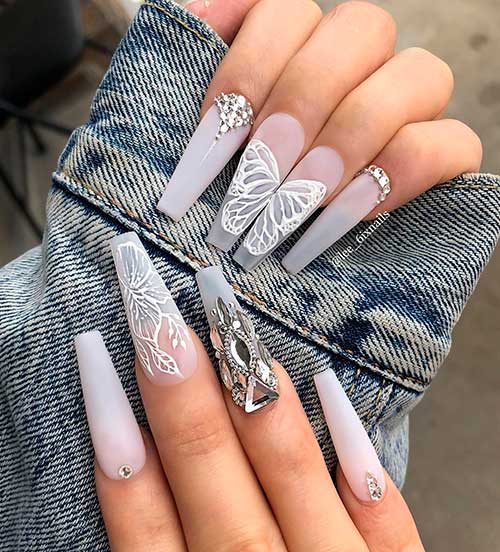 Gorgeous long butterfly coffin shaped nails set for spring time!