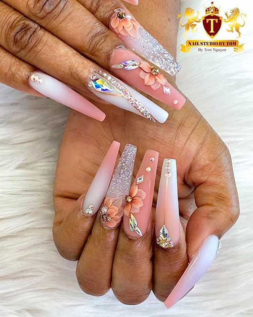 Gorgeous ombre floral nail art spring nails coffin shaped with two accent glitter and nude nails design!