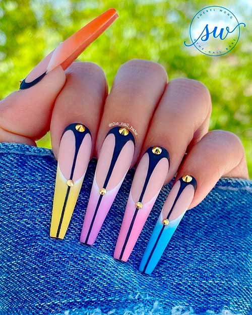 Stunning colorful long coffin nails with gold rhinestones design!