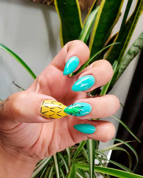 Amazing Pineapple Aqua Blue Nails Almond Shaped Idea!