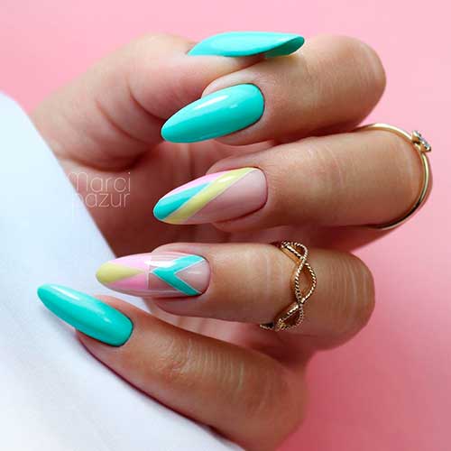 Cute aqua blue acrylic nails almond shaped design!