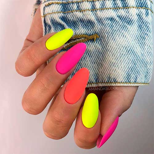 Cute matte neon yellow almond nails mixed with bright neon colors nails design!