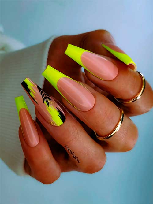 Long Coffin Shaped French Neon Yellow Nails with Black Abstract and Leaf Nail Art