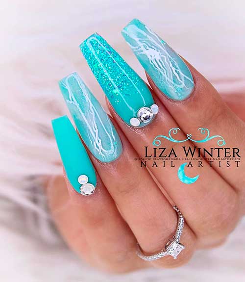 Gorgeous Aqua Light Blue Nails With A Touch Of White Coffin Shaped Nails!