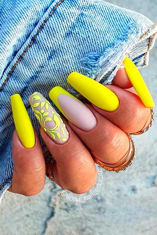 Long Matte Coffin Neon Yellow Nails Design with French and Abstract Accents