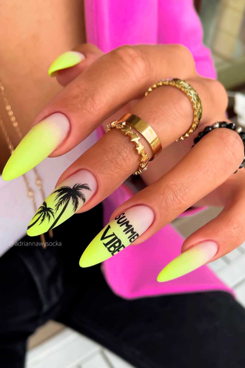 Matte Ombre Neon Yellow Nails 2021 with Palm Nail Art Design