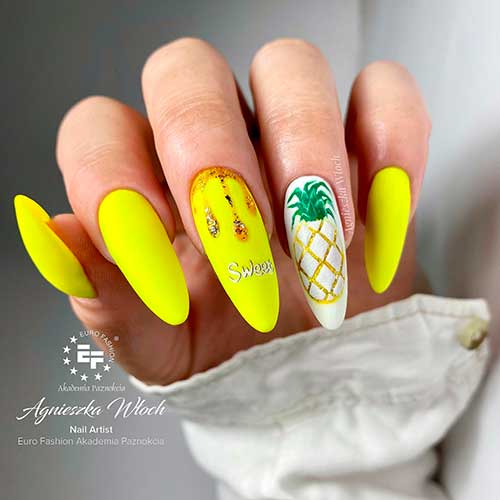 Sweet Long Almond Neon Yellow Nails with Dripping and Pineapple Fruit Nails Accents