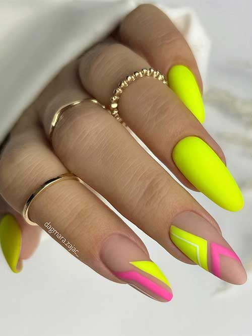 matte neon yellow nails almond shaped with geometric nail art using neon yellow and pink