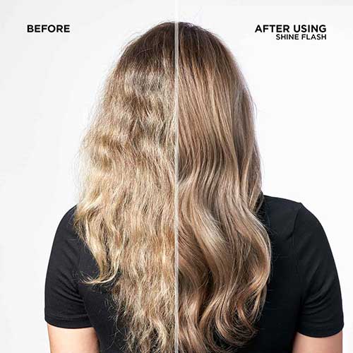 Before and after using redken shine flash glass-like shine spray on hair that considered the best hair shine spray 2020