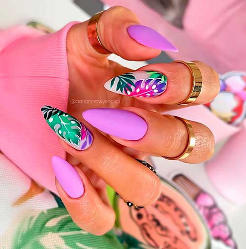 Almond shaped lavender nails with colorful leaf nail art for amazing look in spring 2021! Almond shaped lavender nails with colorful leaf nail art for amazing look in spring 2021!