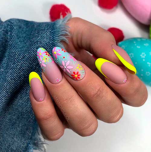 Almond shaped neon yellow French tip nails with floral nail art for spring Season