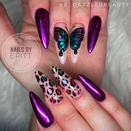 Almond shaped spring purple chrome nails with leopard and butterfly nail art stickers on nude color nails! Almond shaped spring purple chrome nails with leopard and butterfly nail art stickers on nude color nails!