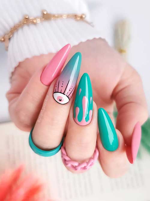 Beautiful Green-Blue and Pink Spring Nail Design Long almond-shaped green-blue and pink spring nail design with drip nail art and eye nail art