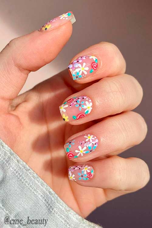 Cute short nude color mothers day nails with floral nail art