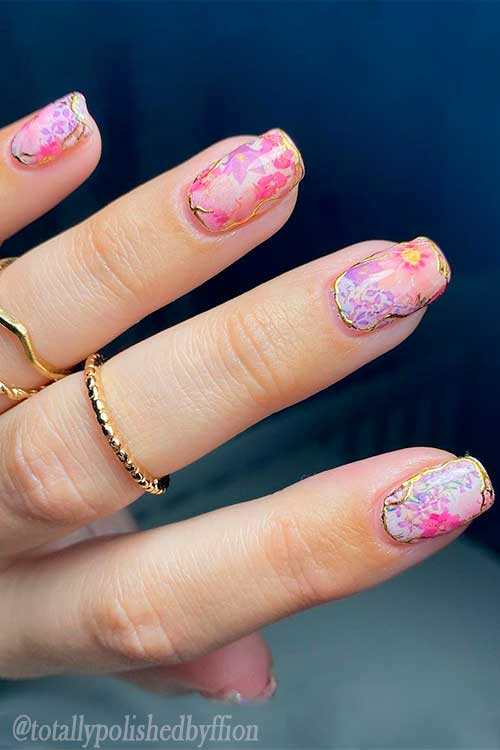 Short mothers day nails with floral nail art and gold transfer foil for mothers day