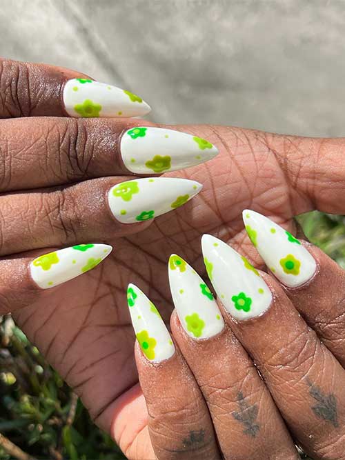 White Spring Nails with Green Roses in Different Shades Medium Almond Shaped White Spring Nails with Green Roses in Different Shades