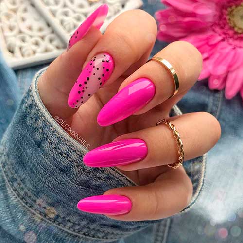 Almond shaped hot pink nails 2021 with twisted two accent polka dot nails for a stylish look!