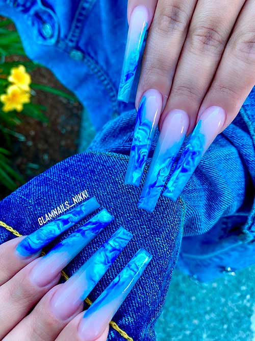 Long Coffin Blue Ocean Ombre Marble Summer Nails