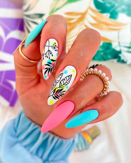 Bright Colors with Accent Leaf Nails 2021 considered perfect summer nails