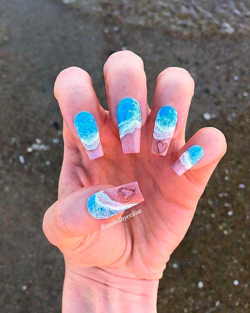 Coffin Shaped Wave Summer Nails 2021 with engraved heart shape on two accent nails