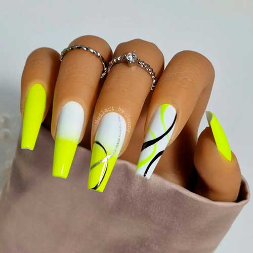Long Coffin White and Neon Yellow Nails Decorated with Black, Neon, and Glitter Swirls
