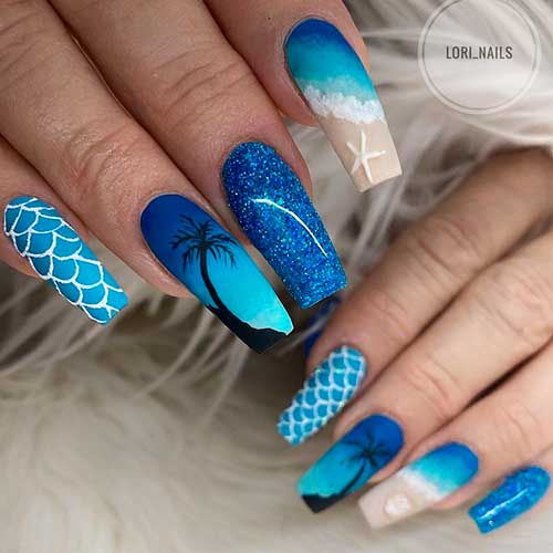 Cute coffin shaped Beach Nails 2021 with Mermaid and palm Nail Art with accent blue glitter nail for summer time