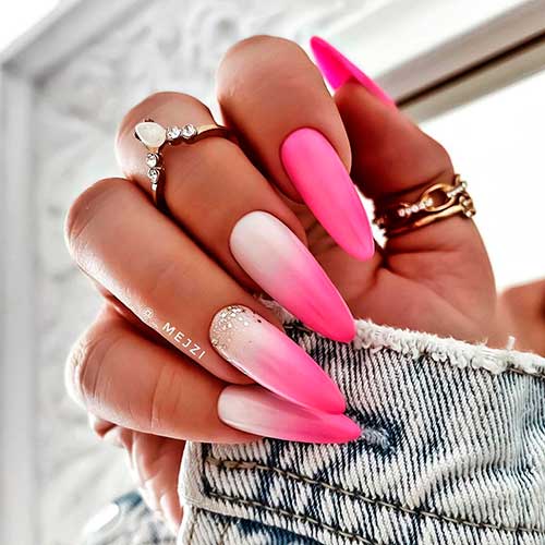 Cute long ombre pink and white nails 2021 with two accent hot pink nails and some glitter on accent nail base!