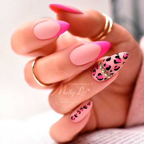 Cute modern pink French tip nails 2021 with two accent cheetah print nails!