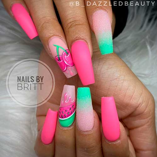 Cute pink summer nails with accent fruit nail art, and another accent mint green and pink ombre nail with sugar glitter!
