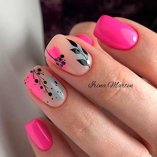 Cute short hot pink nails squared shaped with black leaf nail art on two accent nude color nails with touches of gray and pink!