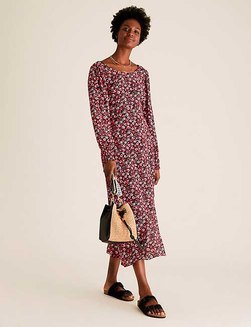 Fabulous Midi Dresses 2021 - M&S Floral Round Neck Midaxi Waisted Dress