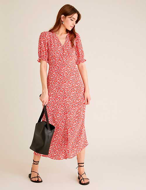 Spring Midi Dresses 2021 - Floral V-Neck Puff Sleeve Midi Tea Dress