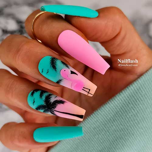 Gorgeous Turquoise and Pink Ombre Coffin Nails 2021 for summer days