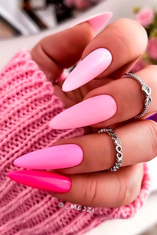 Gorgeous and different pink shades on almond shaped pink nails 2021!