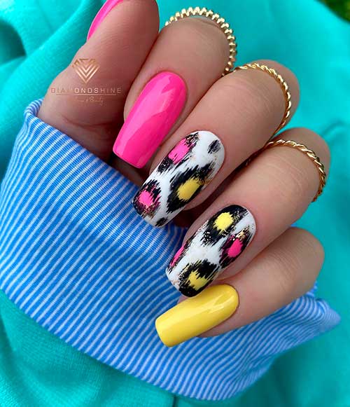 Long Square Hot Pink Summer Nails with Black, Yellow, And Pink Leopard Prints On Two White Accents