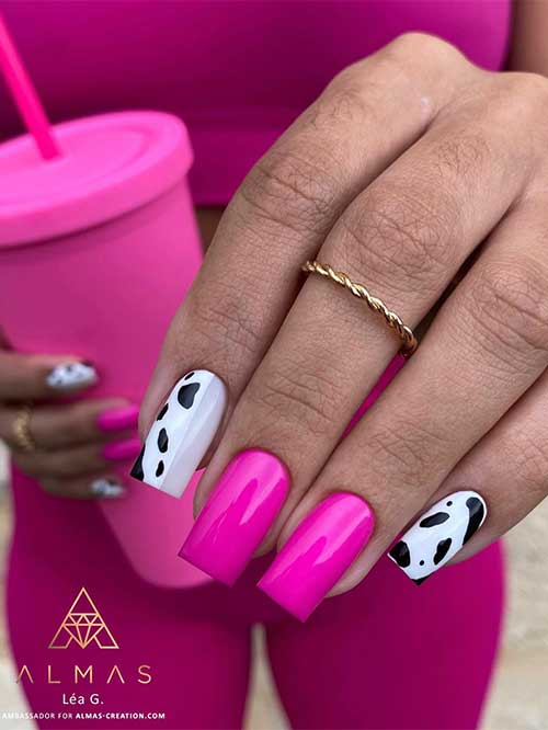 Long Square Shaped Hot Pink Nails with Cow Prints on Tw Accent Nails