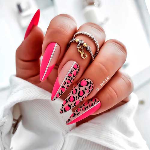 Long Almond Hot Pink Cheetah Trendy Summer Nails with silver glitter stripes for summertime