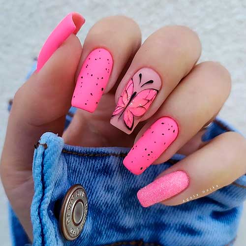 Long Square Matte Pink Nails with Butterfly, Black Specks, and Glitter Design for Summer 2022