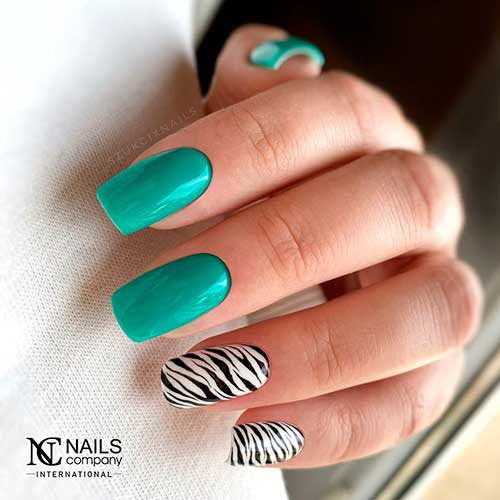 Medium Square Mint Bright Summer Nails 2022 with Zebra Animal Prints