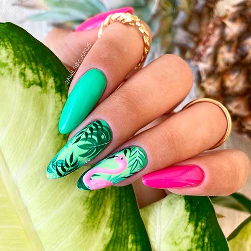 Mint Green Leaf Nail Art with Flamingo and Pink Nails 2021 