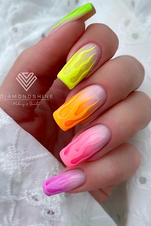 Long Square Shaped Multicolored Ombre Neon Fire Nails Design for Summer 2022