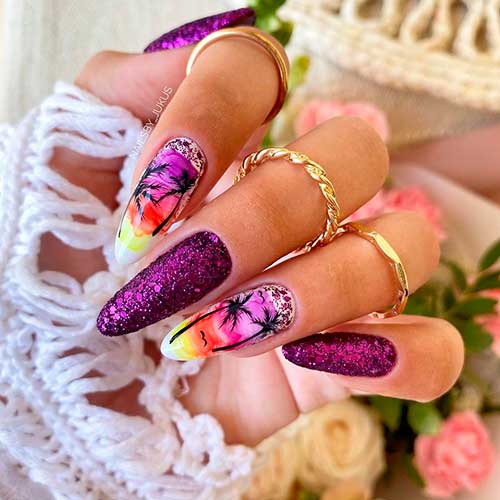 Ombre Palm Summer Nails 2021 with Purple Glitter
