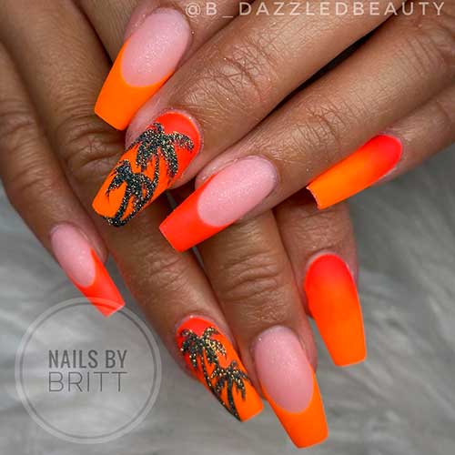 Orange ombre summer nails 2021 with palm tree nail art and two accent French nail tips!