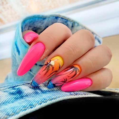 Long Round Pink Nails with Themed Palm Tree Accents for Summer 2022