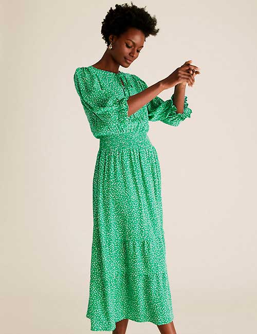M&S Midi Dresses for spring 2021 - Printed Puff Sleeve Midi Waisted Dress M&S Midi Dresses for spring 2021 - Printed Puff Sleeve Midi Waisted Dress