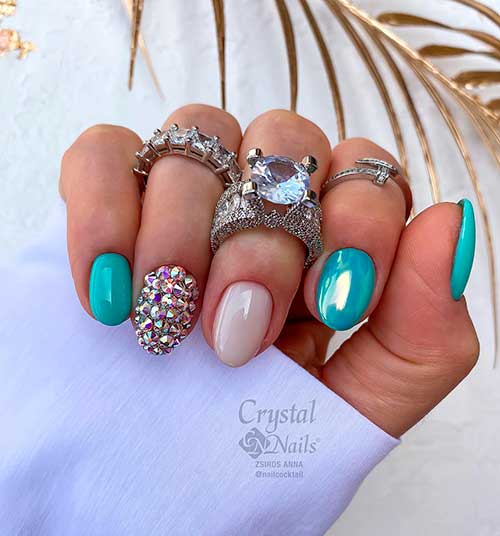 Short Round Summer Turquoise Nails Design with Aurora, Milky White, and Bling Accents