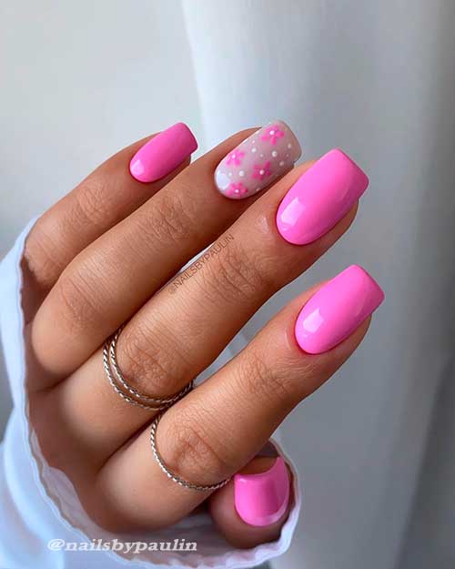 Short hot pink nails with accent floral nail art for awesome look in spring 2021! Short hot pink nails with accent floral nail art for awesome look in spring 2021!