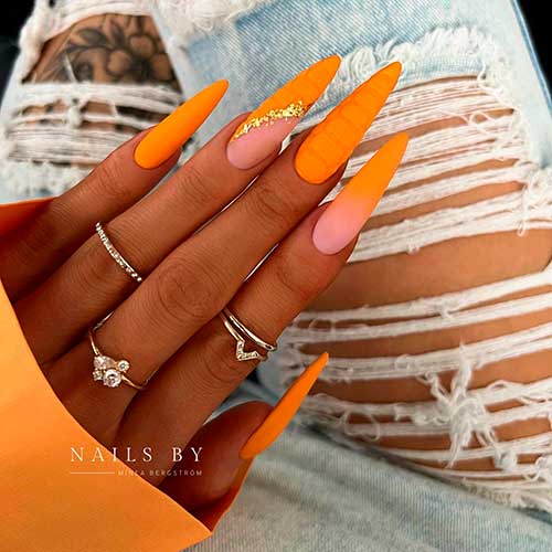 Stiletto Matte Orange Nails with Ombre and Croc Accents with Gold Glitter