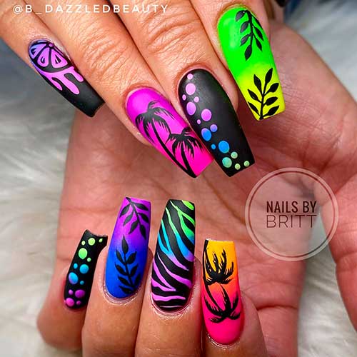 Stunning Neon Summer Nail Design 2022 with Lemon, Zebra, Leaf, Palm, And Bubble Accents